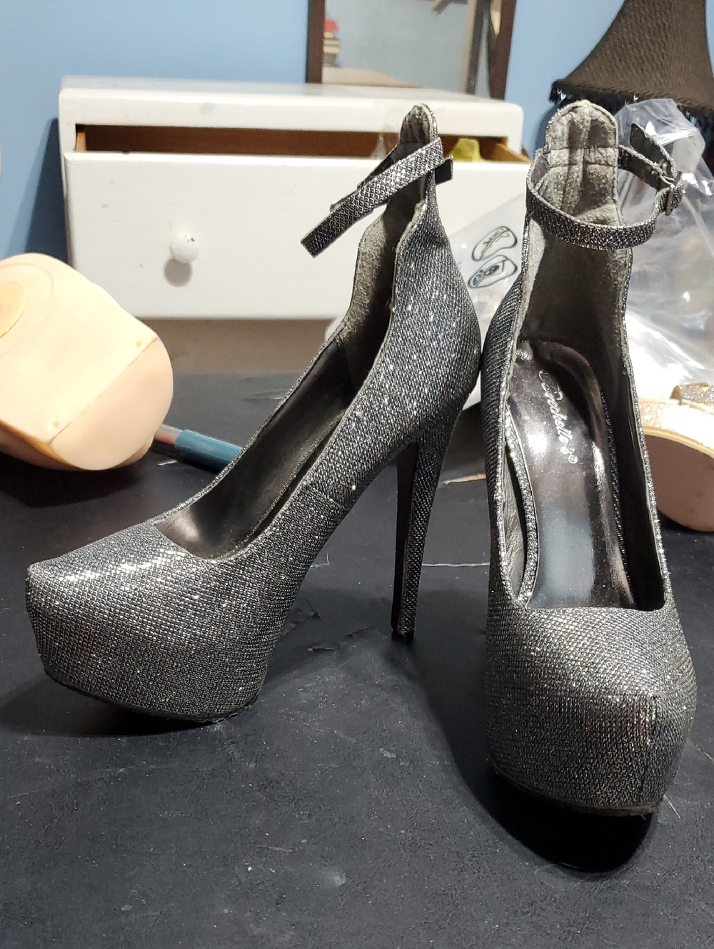 Sparkle Ankle-Strap Platform Pumps - Silver, These Shoes Are Previously Worn.